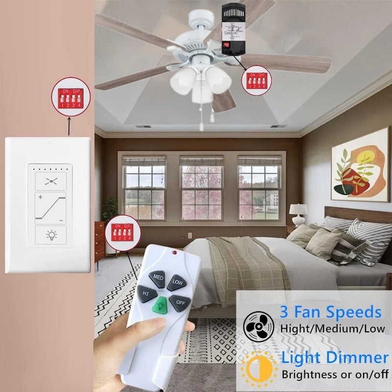 53T Universal Ceiling Fan Wall Remote Control & Receiver Kit with a Transmitter,3 Speed, Light Dimmer,Dip Switch Compatible with Hampton Bay Harbor Breeze Hunter(Wall and Wireless Control Kit) - Image 2